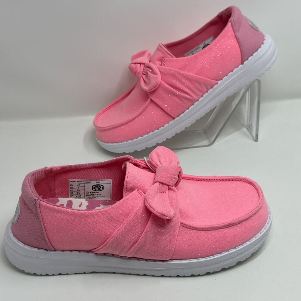Hey Dude Wendy Bow Stardust Girls Size J5 Pink Glitter Slip On Moccasin NWT